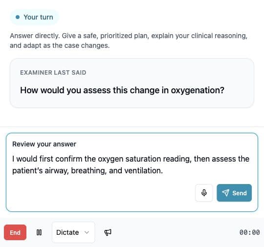 Dictate mode showing an editable answer transcript under Review your answer, with a Send button for submitting it to the examiner