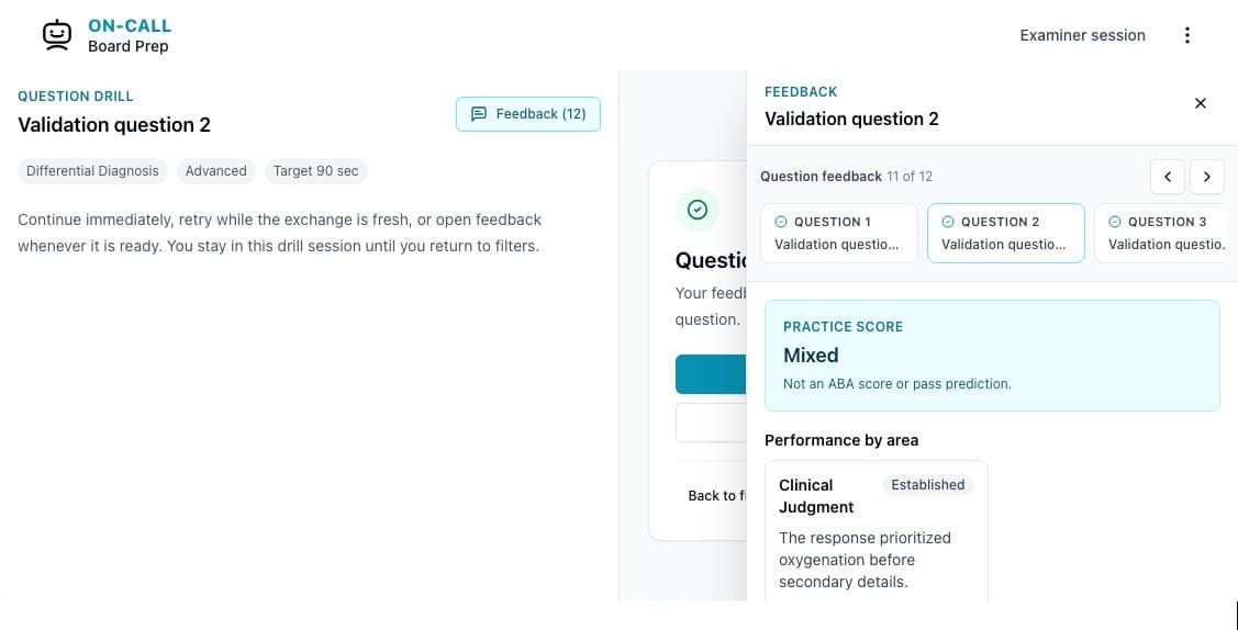 Completed Question Drill showing a practice score and detailed performance feedback by area